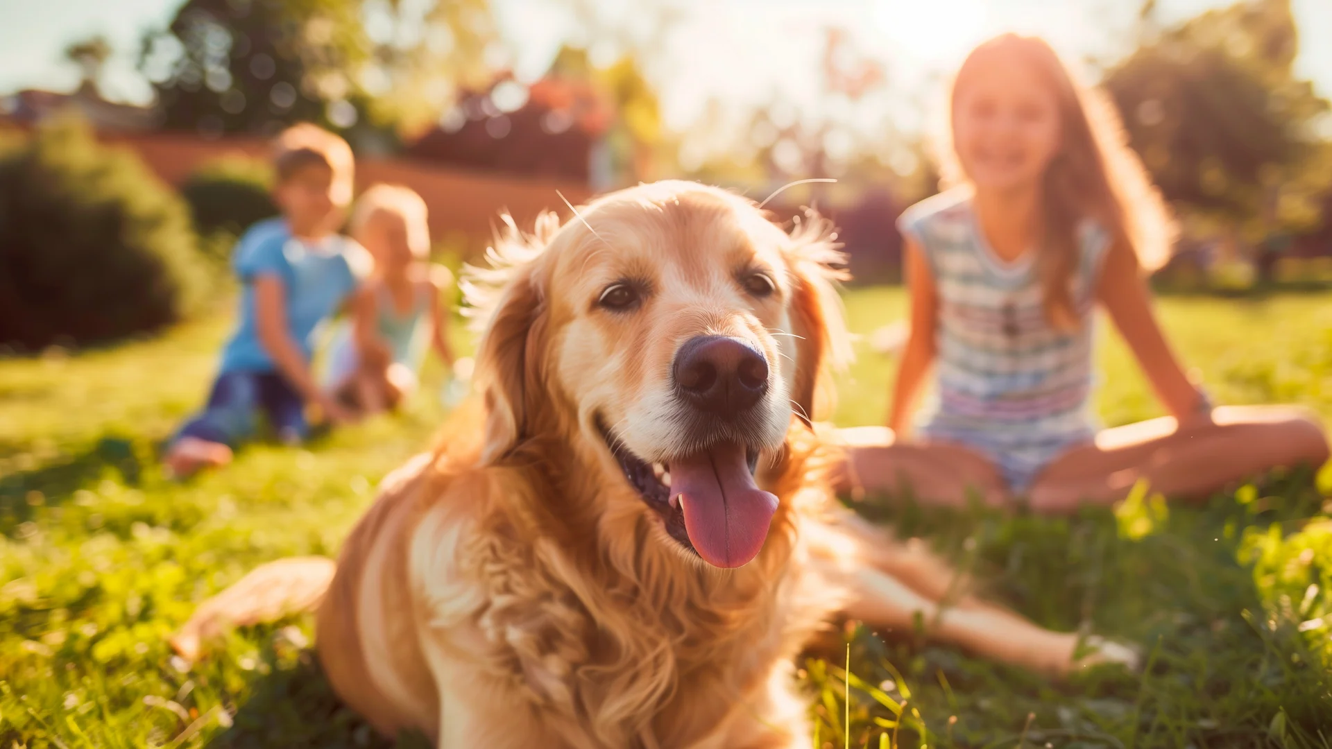 Entspannte Ferien für die ganze Familie. Glücklicher Goldener Retriever liegt im Gras mit Kindern im sonnigen Garten