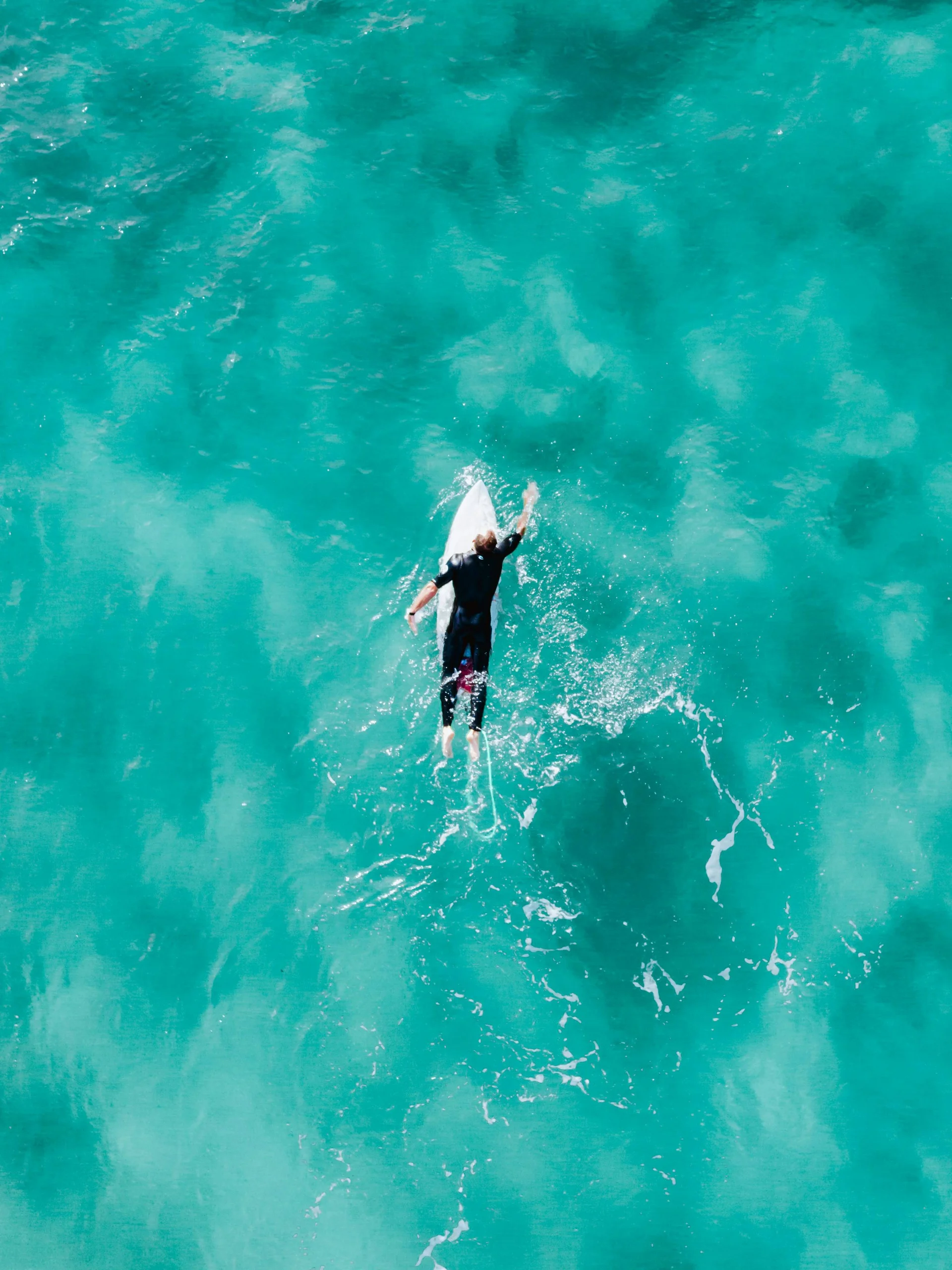 Wassersport auf dem See in Österreich Ein Surfer paddelt auf einem Surfbrett im klaren türkisfarbenen Meer
