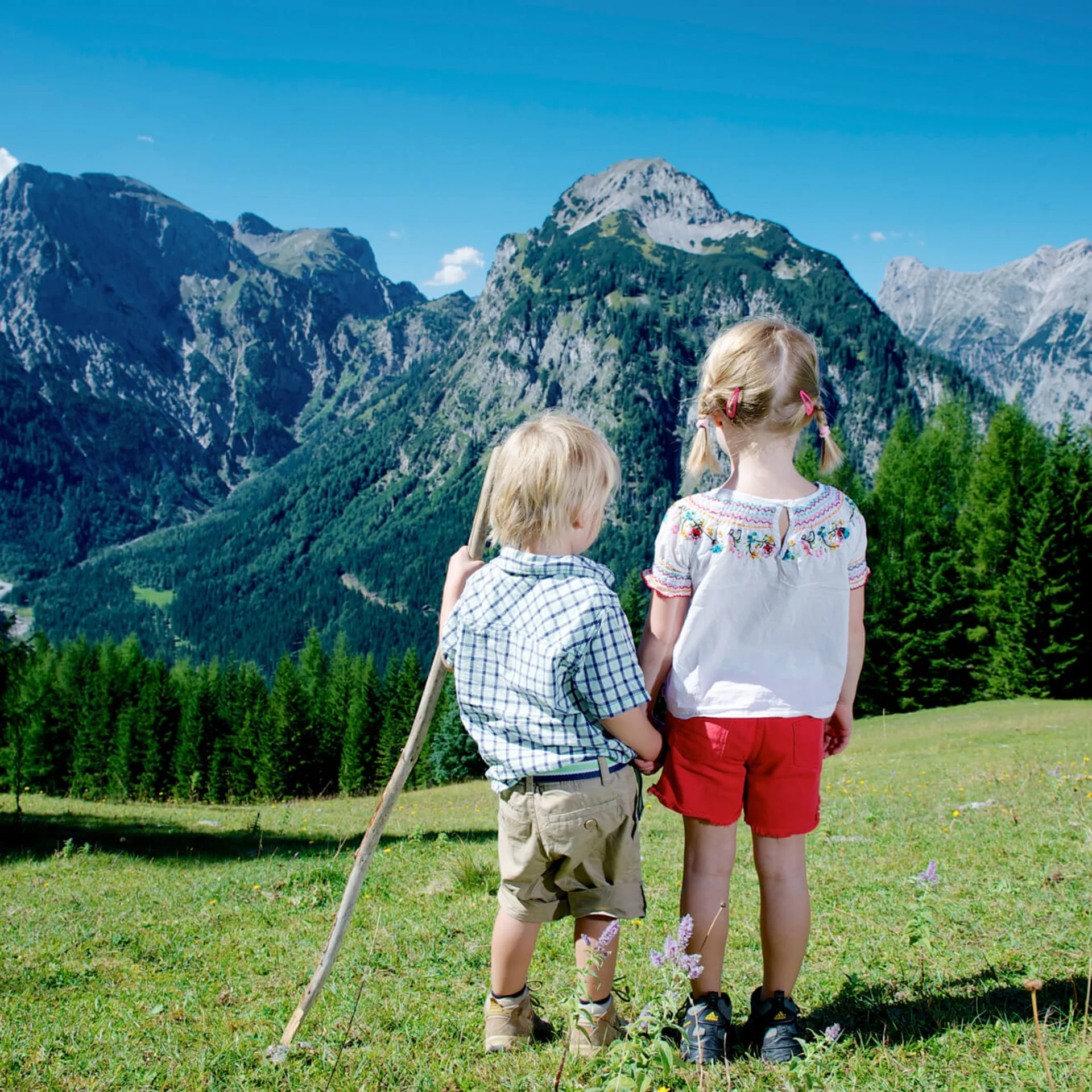 Familienzeit im Kinderhotel Buchau am Achensee Kinder in den Alpen blicken auf Berge und Wälder unter blauem Himmel