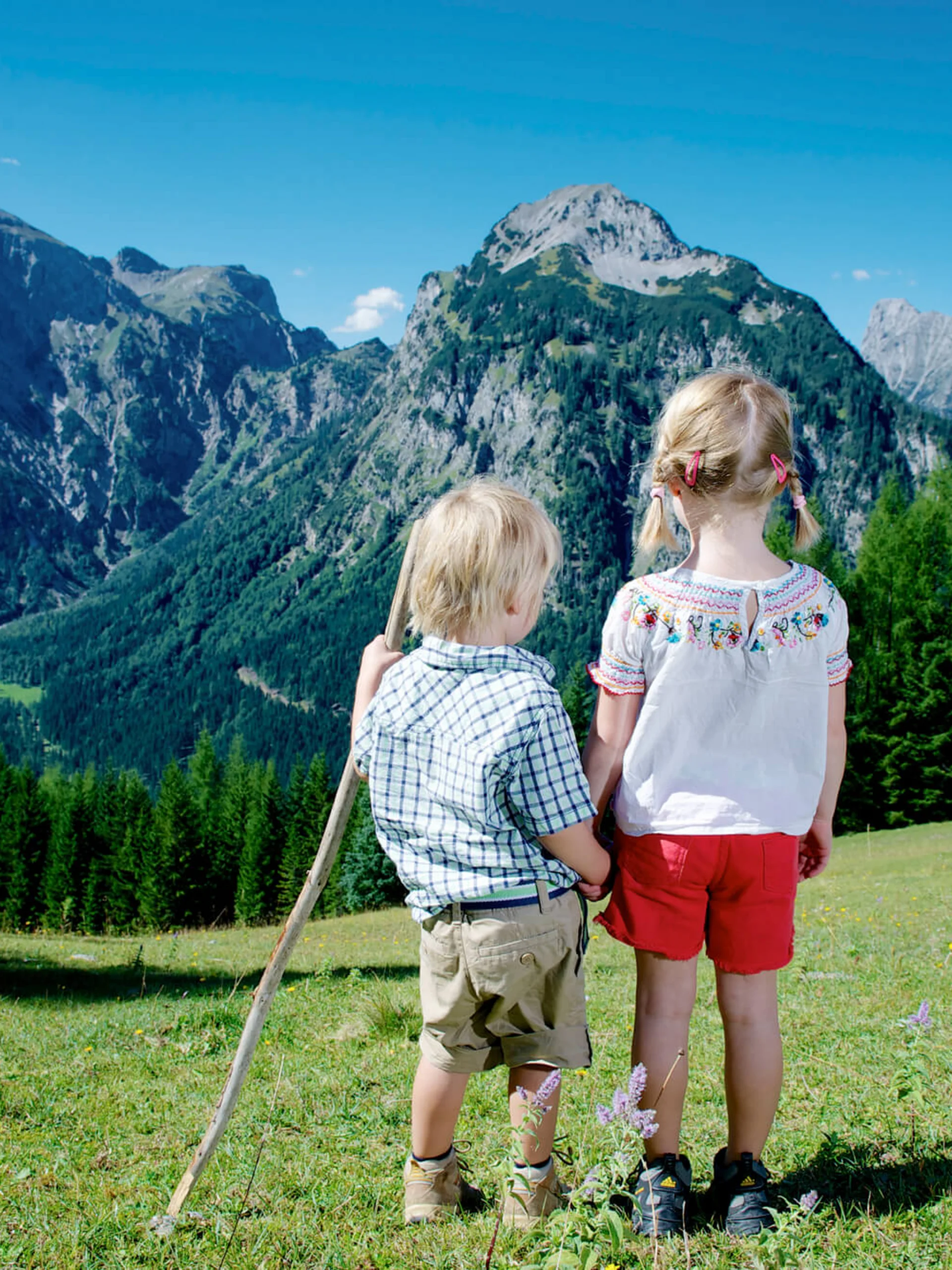 Welcome to our family hotel at Lake Achensee. Two children standing on a meadow looking at forested mountains under a blue sky