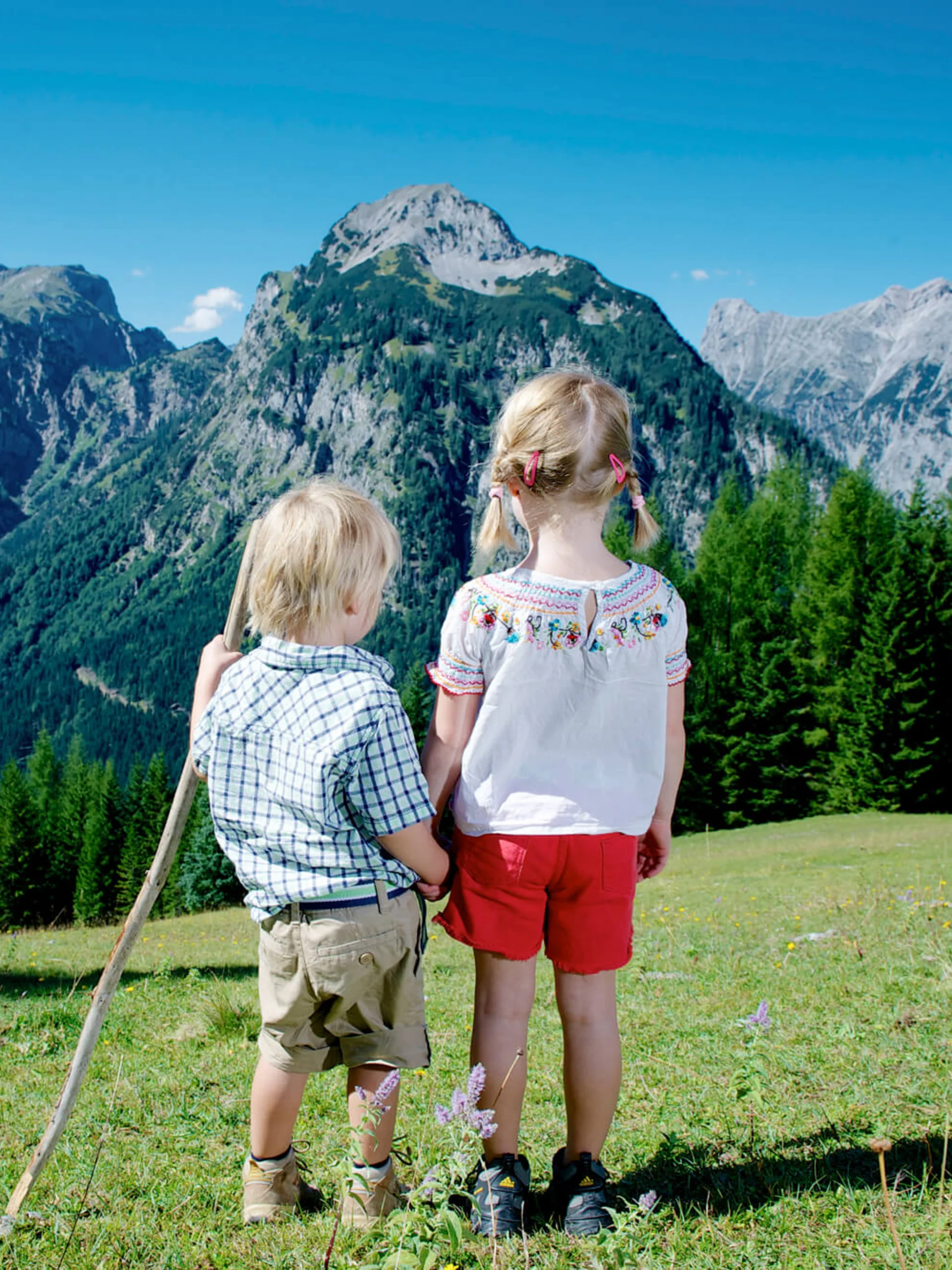 404 Zwei Kinder stehen auf einer Wiese und blicken auf bewaldete Berge unter blauem Himmel