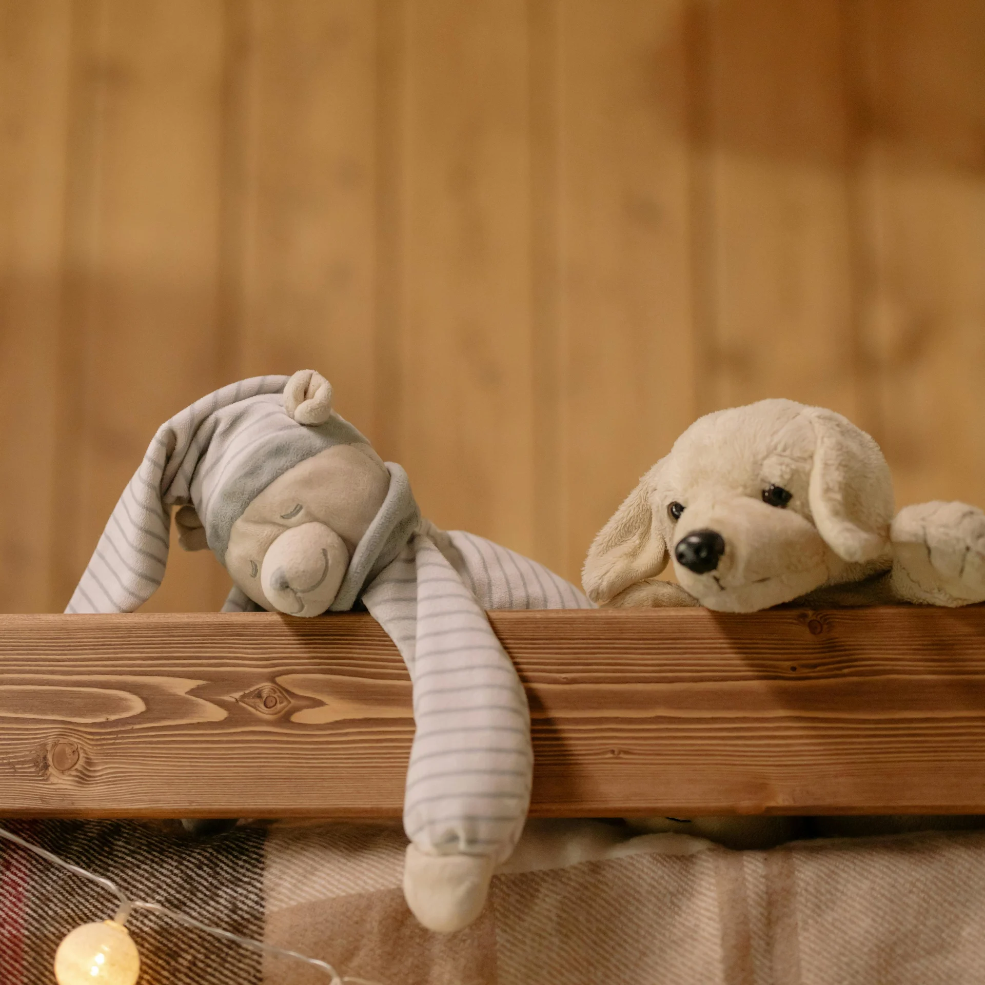 Familienurlaub mit Baby und Kleinkind im Buchau Zwei Kuscheltiere auf einem Holzbalken über einer karierten Decke mit Lichterkette