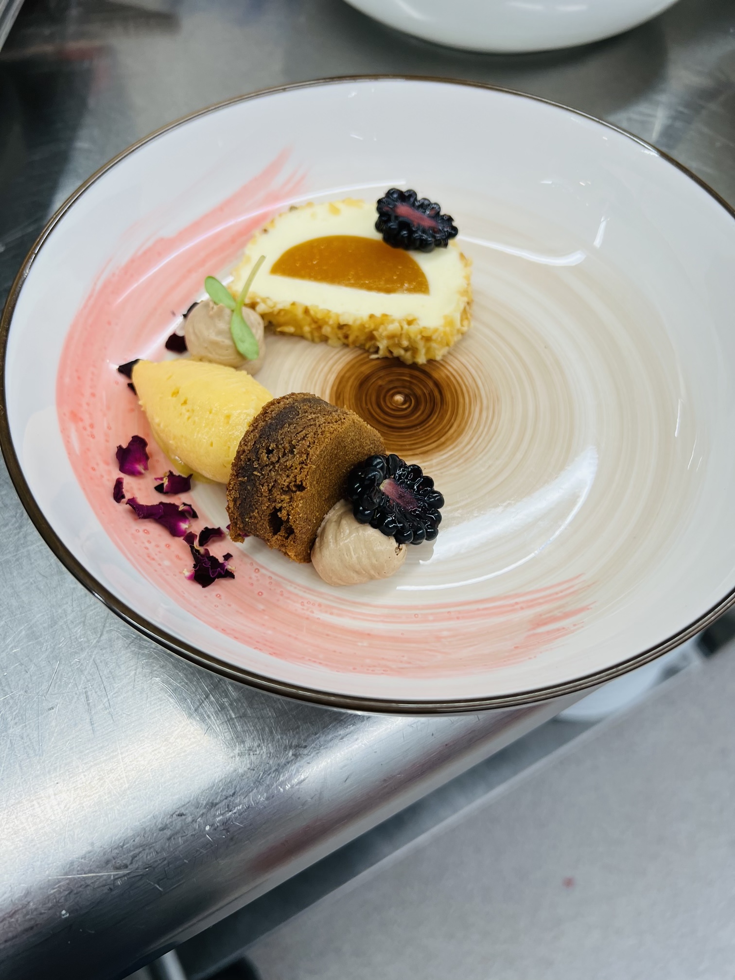 Wir lassen Bilder sprechen. Kunstvoll angerichtetes Dessert mit Brombeeren, Schokolade und Creme auf einem weißen Teller